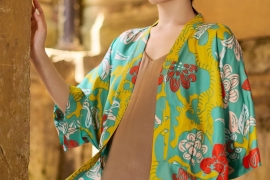Áo kimono lụa xanh vàng Vườn thanh xuân